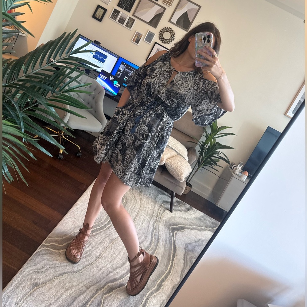 Free People Midnight Blue, White & Gray Patterned Mini Dress w Waist Tie - Small - Picture 4 of 16